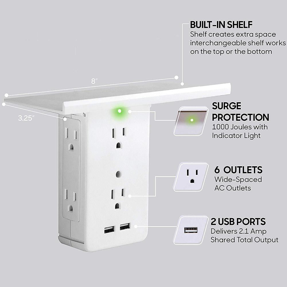 Switch Socket Shelf 6 Electrical Outlet Extenders 2 USB Charging Ports