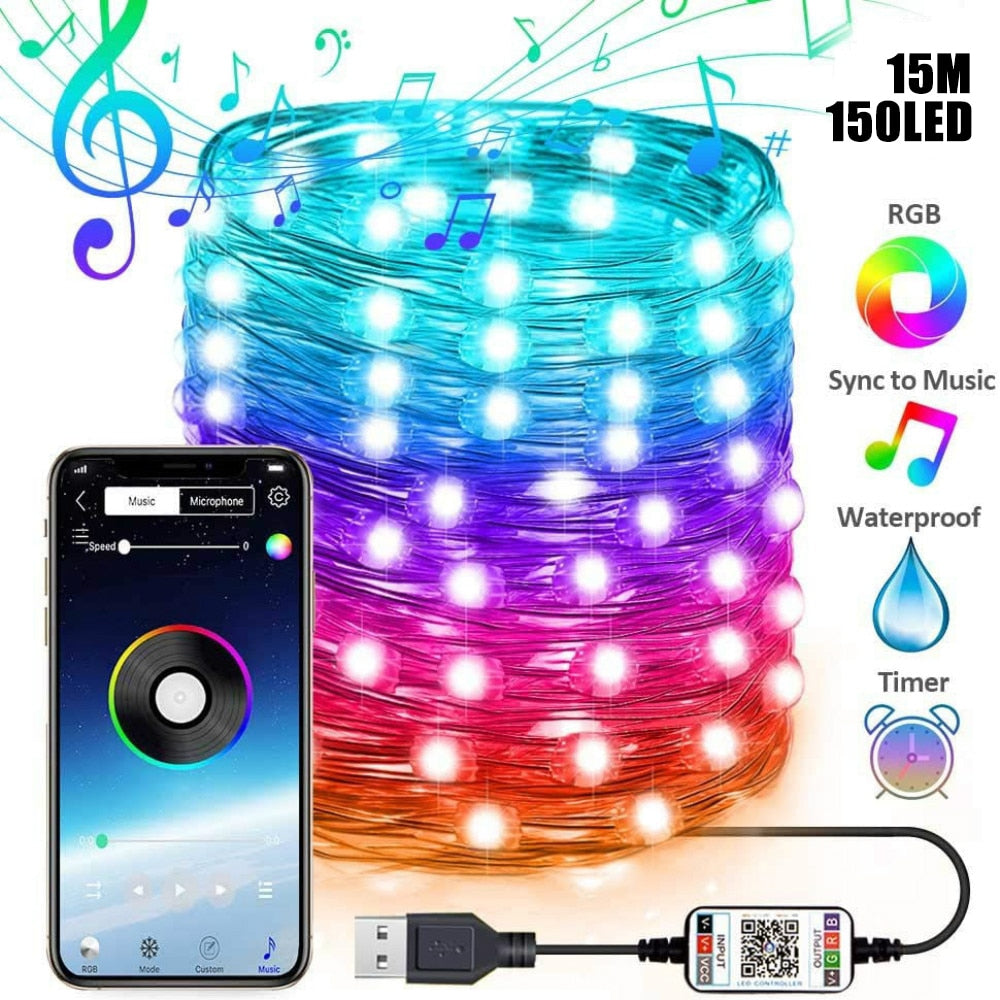 LEDストリングライト Bluetoothアプリコントロール 銅線ストリングランプ 防水 屋外用 フェアリーライト クリスマスツリー飾り用