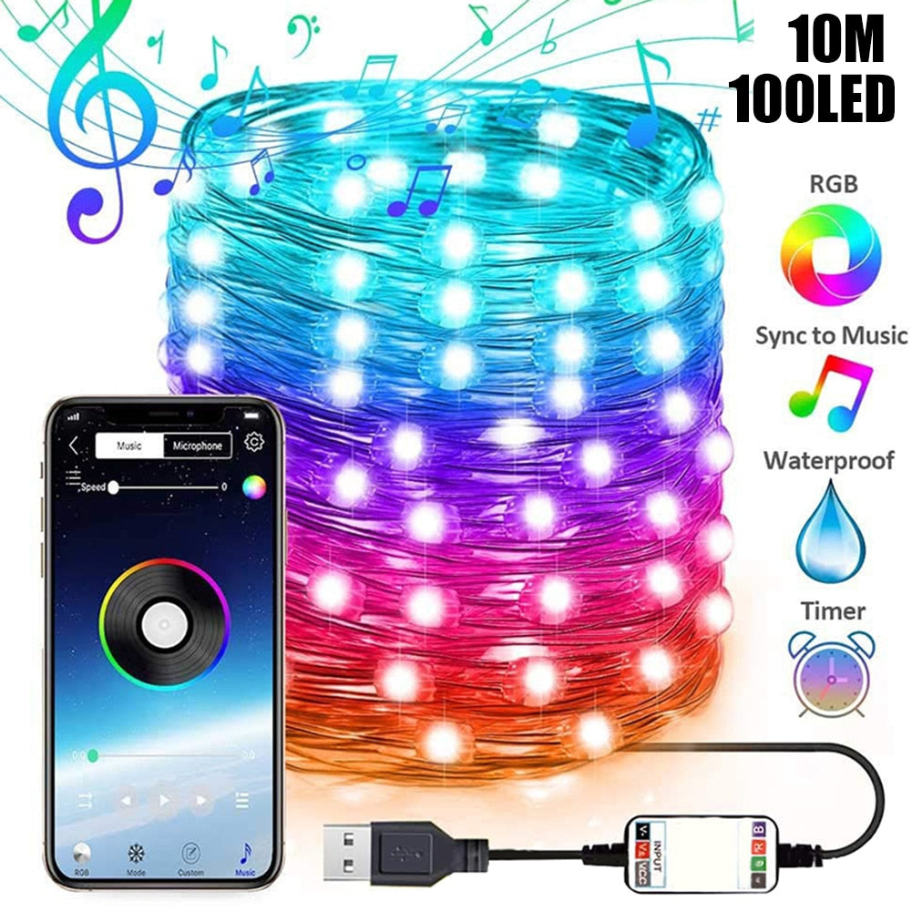 LED String Light Bluetooth App Control Copper Wire String Lamp Waterproof Outdoor Fairy Lights for Christmas Tree Decoration