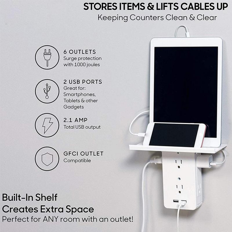 Switch Socket Shelf 6 Electrical Outlet Extenders 2 USB Charging Ports